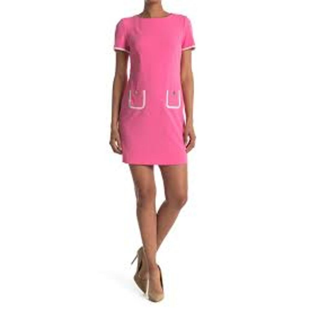 Tommy Hilfiger Mod 60s Barbiecore Pink White Gold Short Sleeve Sheath Dress 10